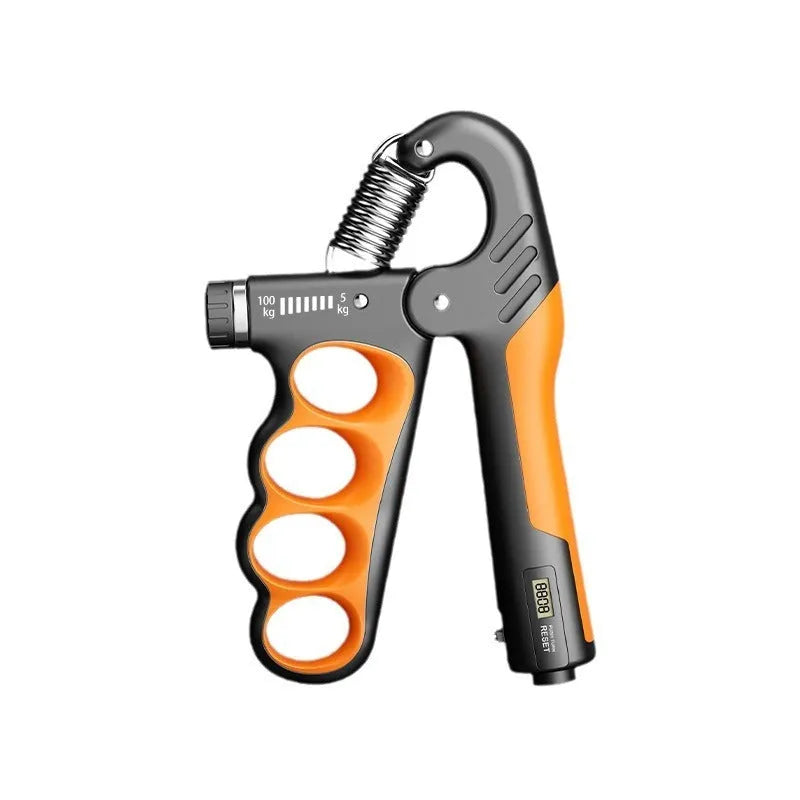 Adjustable electronic count spring grip in grey, orange, or red colours with digital display.