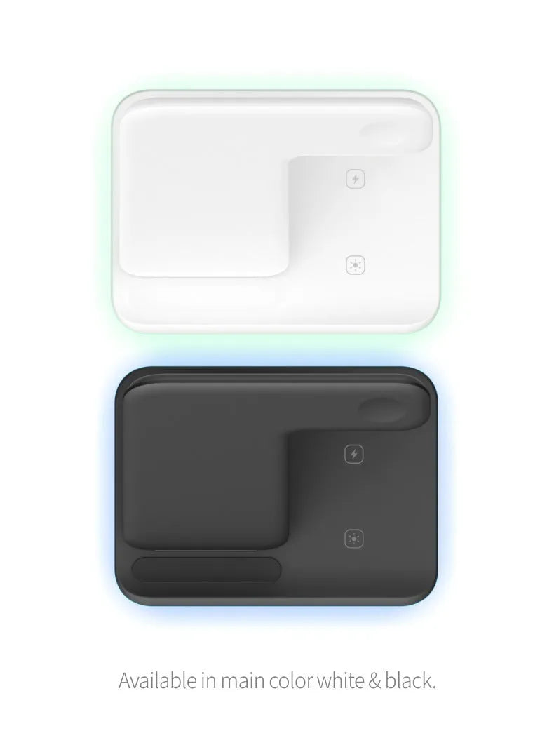 White three-in-one desktop wireless charging stand for mobile phone, smartwatch, and wireless earbuds.