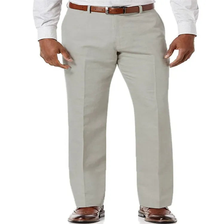 Men's solid colour linen-cotton trousers with slant pockets on a basic style.