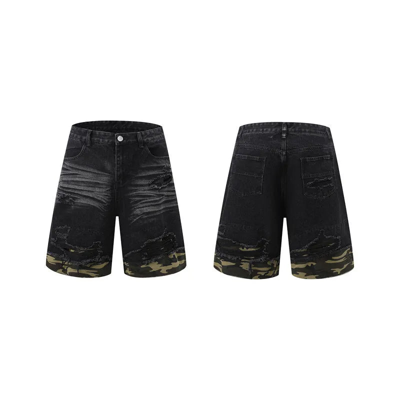Denim two-piece streetwear set with leopard print stitching on short sleeve top and matching shorts