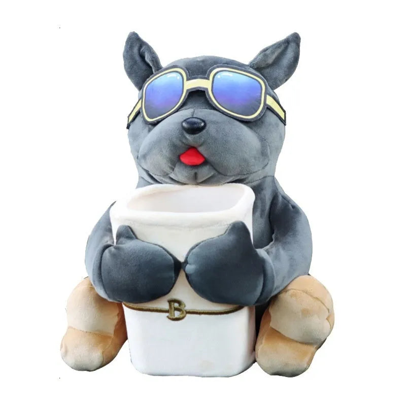 Plush fabric car tissue box with character design hanging from vehicle armrest