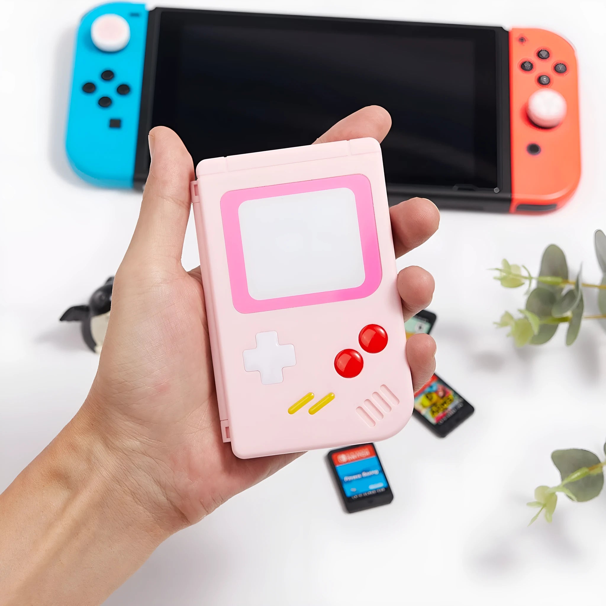 Nintendo Switch game card storage box in blue, pink, or white colour.