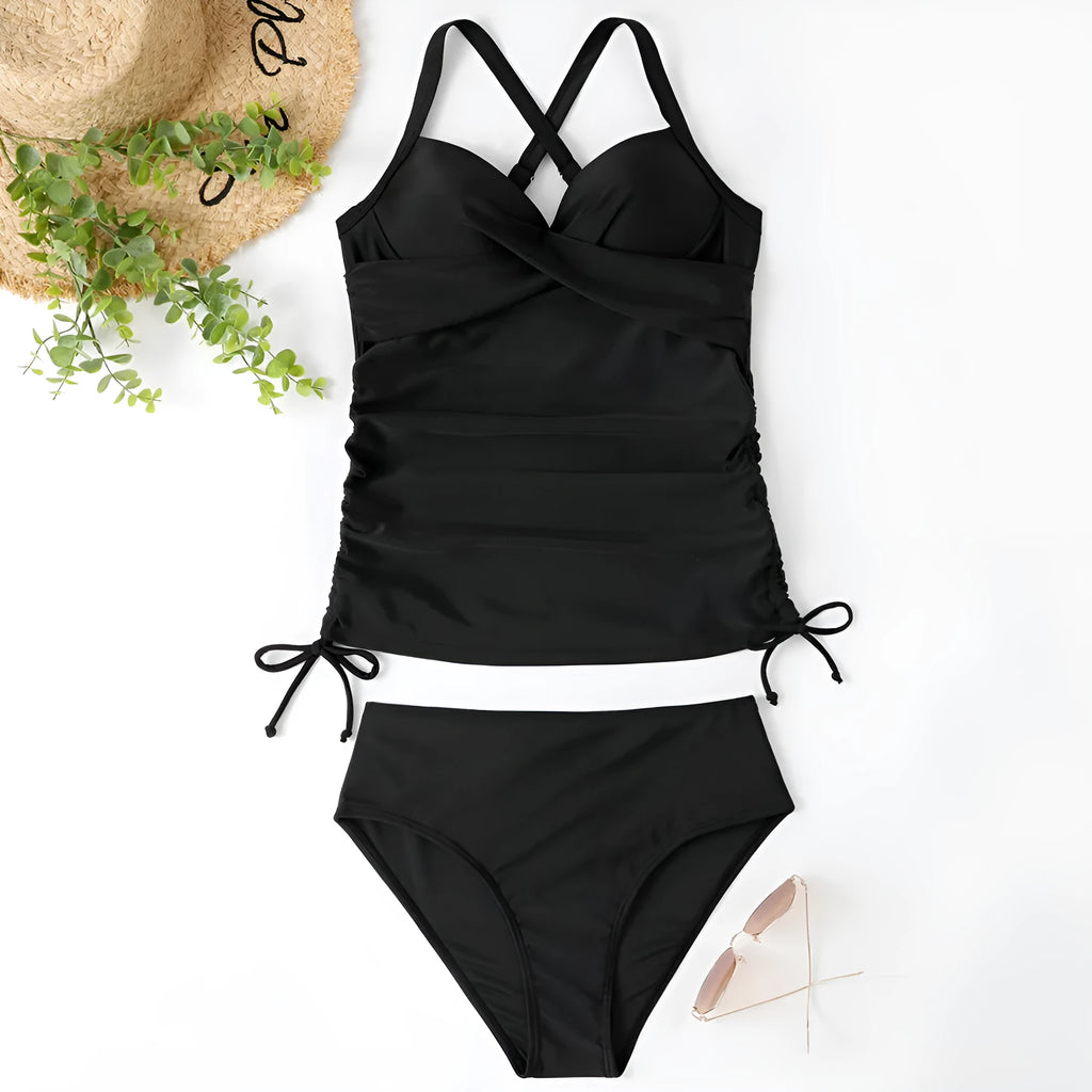 Women's solid colour high-waisted one-piece swimsuit in nylon fabric.
