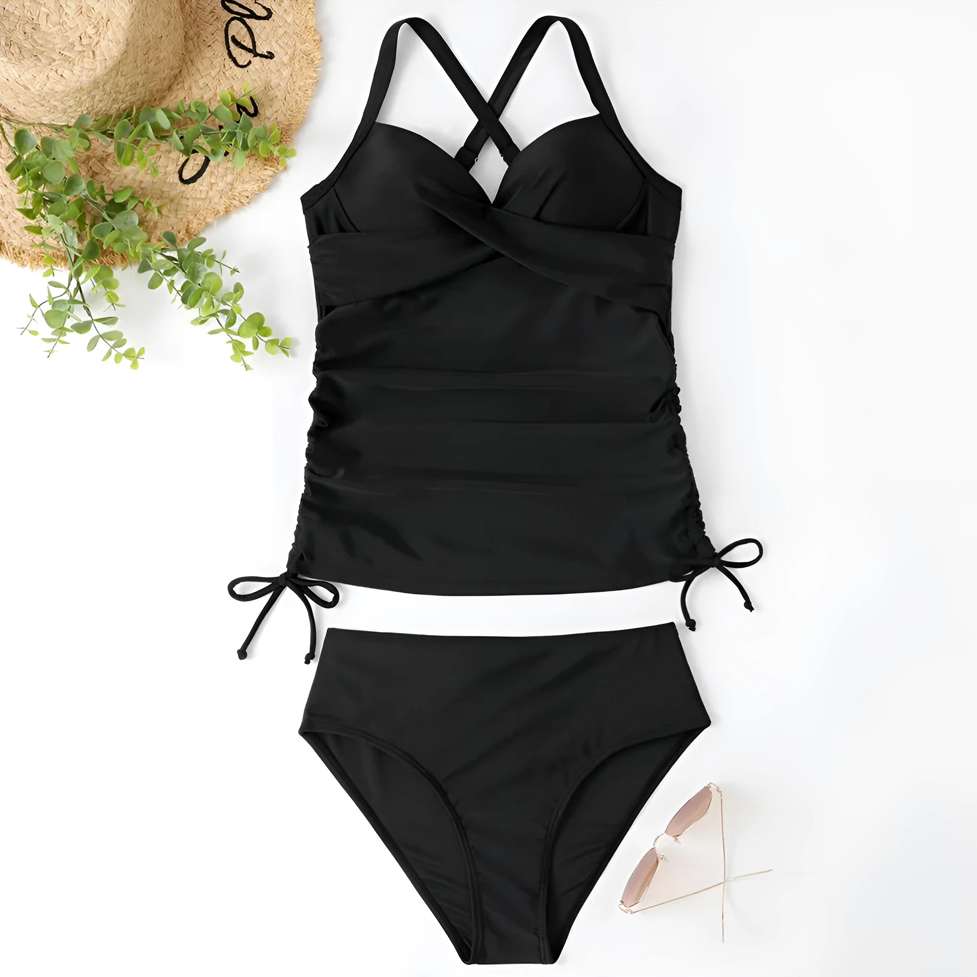 Women's solid colour high-waisted one-piece swimsuit in nylon fabric.