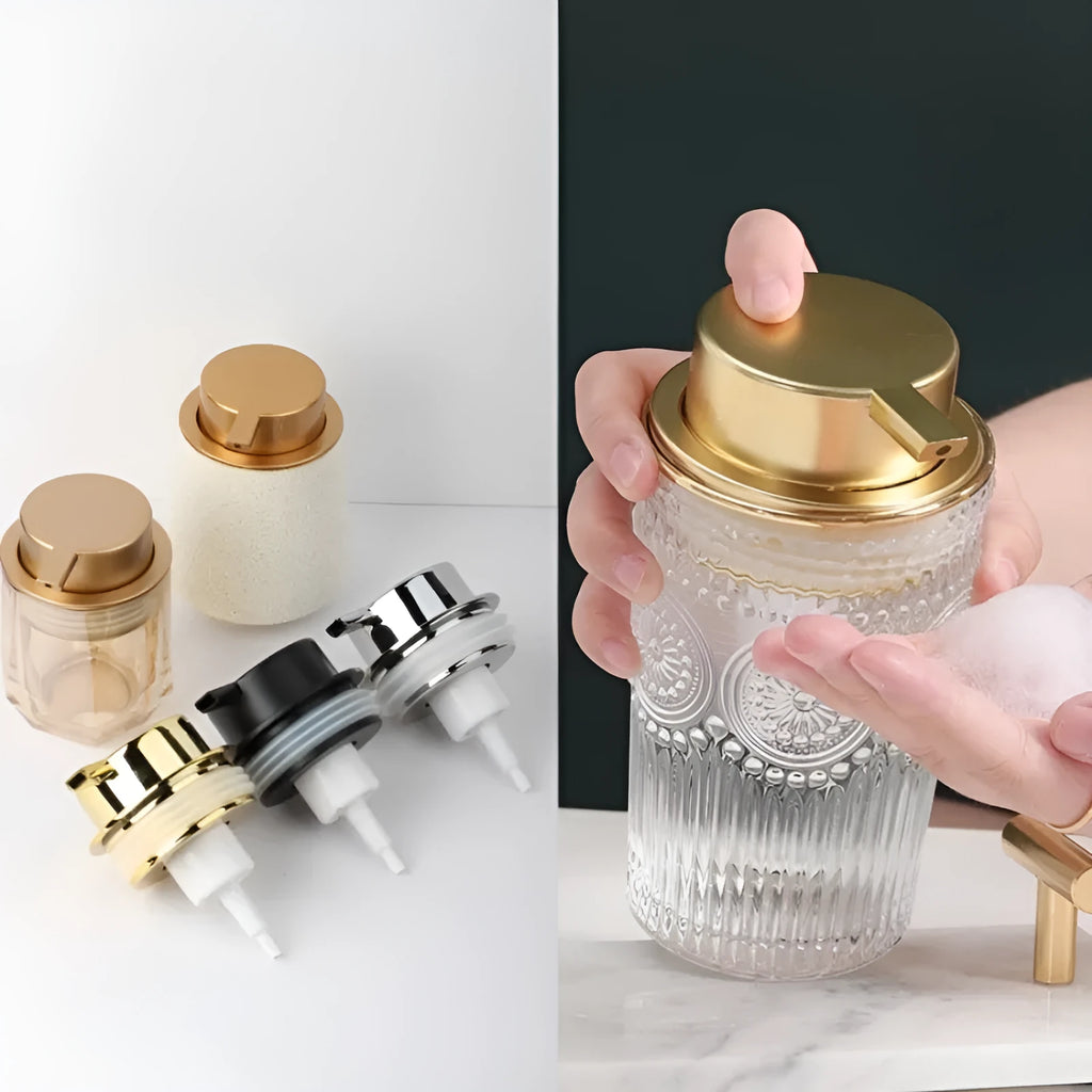 Large pump head facial cleanser foam bottle in metallic gold, silver, or matte black colour options