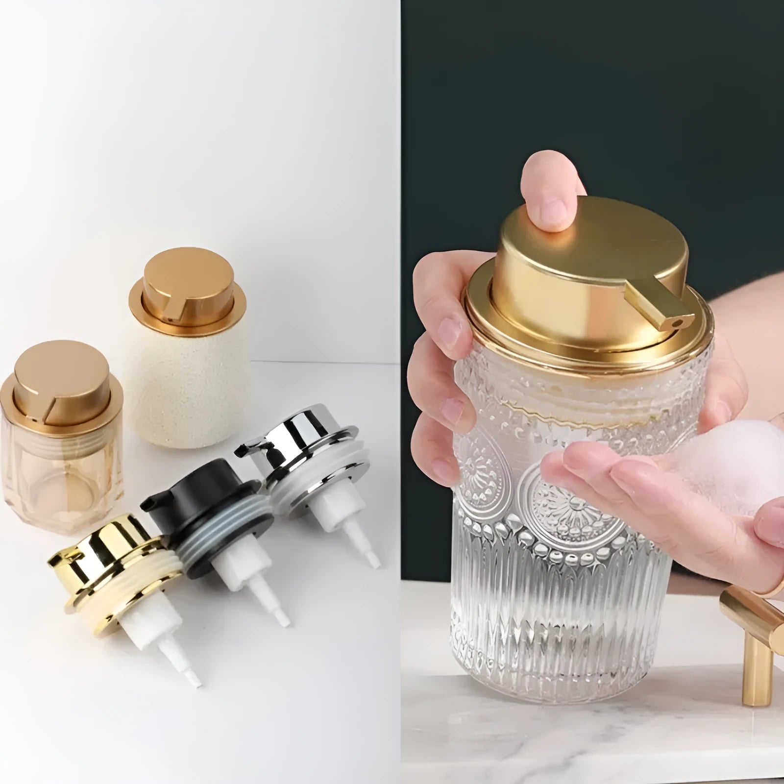Large pump head facial cleanser foam bottle in metallic gold, silver, or matte black colour options