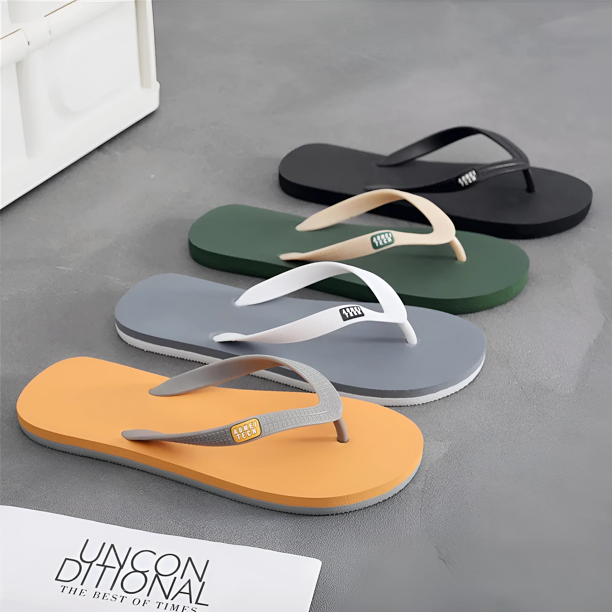 Men's black flip-flop slippers with EVA upper and rubber sole on a plain background.