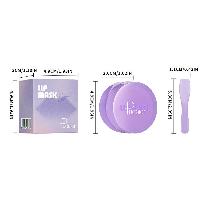 Exfoliating lip balm jar with lid alongside lip mask and scraper tool on white background