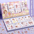 Children's sticker collection box showing five themed designs: meatball characters, peach tea party, star team, and Nini diary artwork
