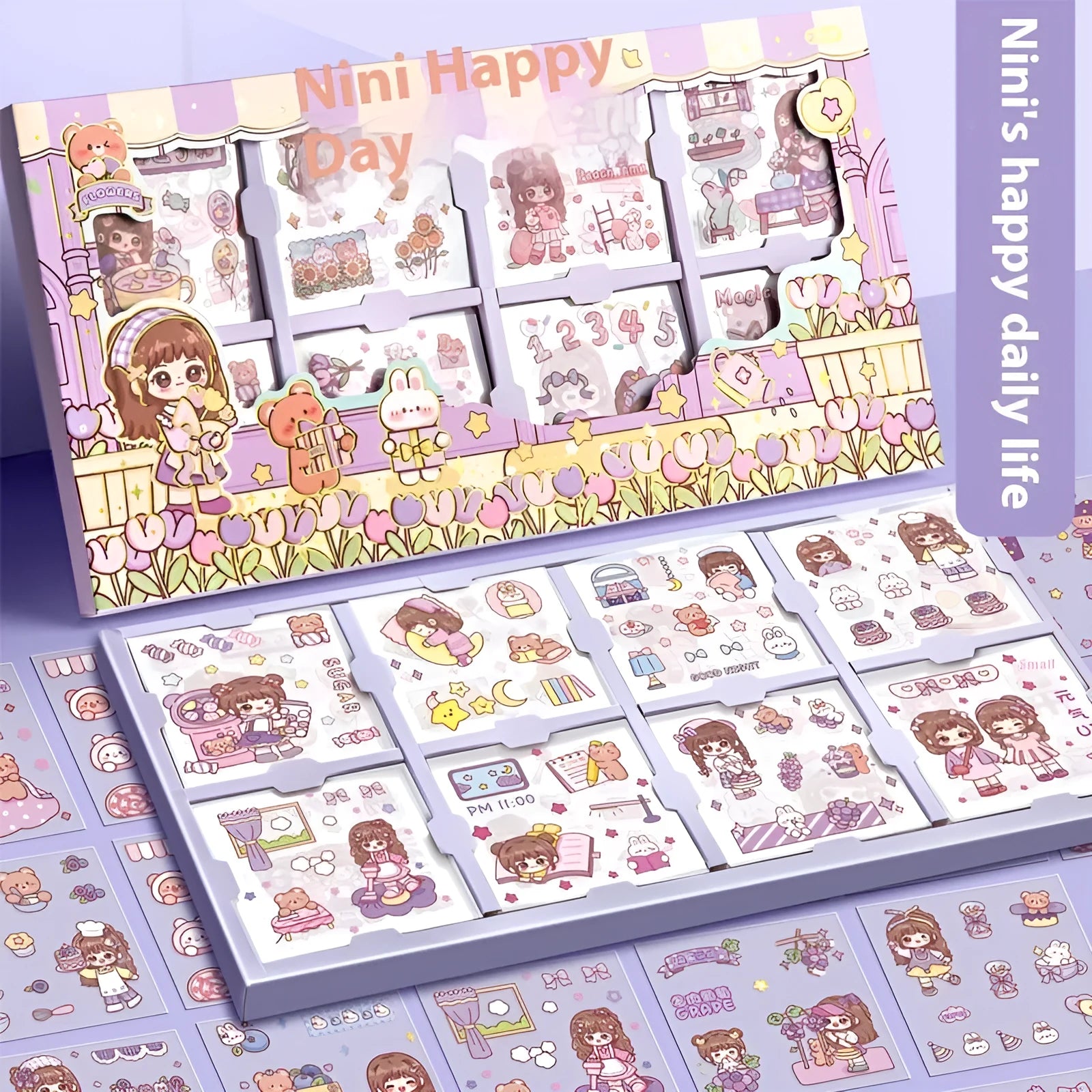 Children's sticker collection box showing five themed designs: meatball characters, peach tea party, star team, and Nini diary artwork