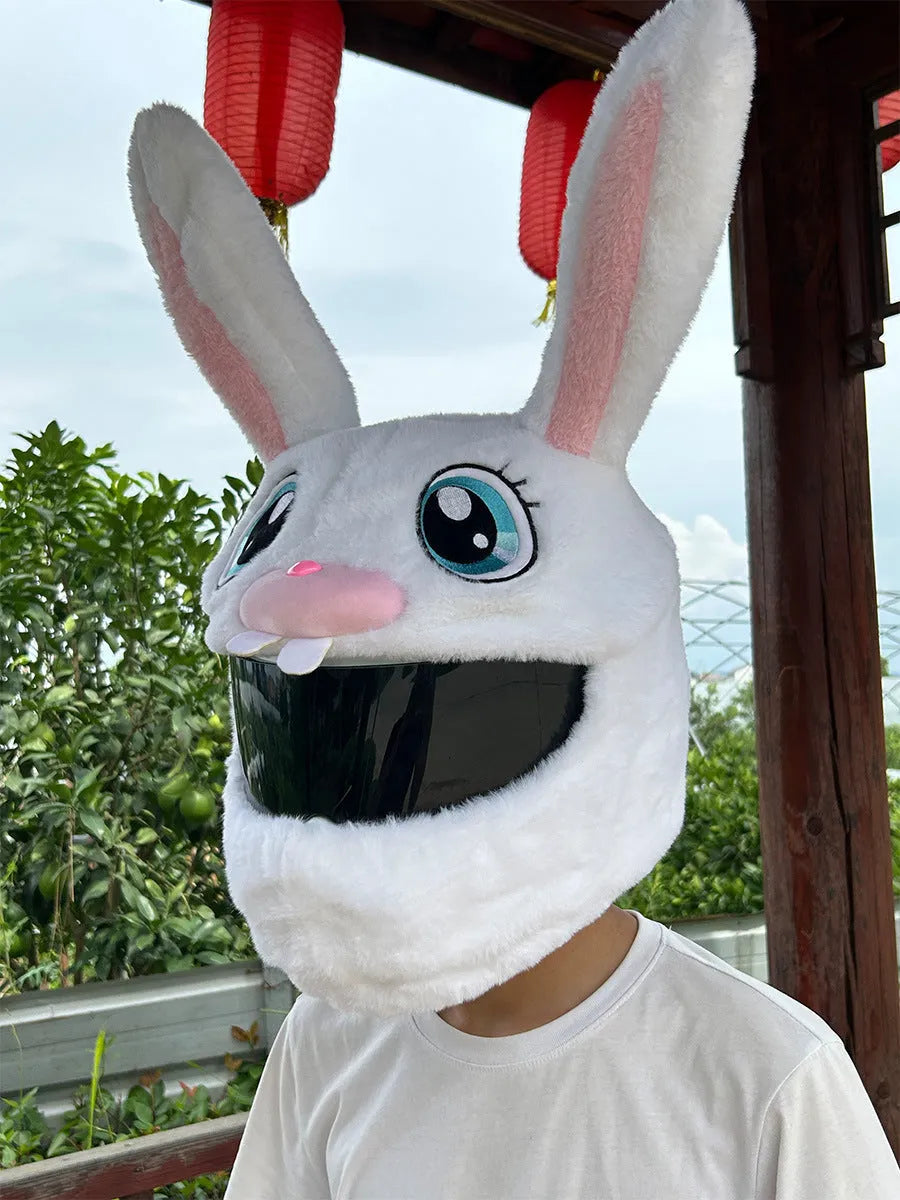 White rabbit head plush helmet cover for electric motorcycles on a helmet.