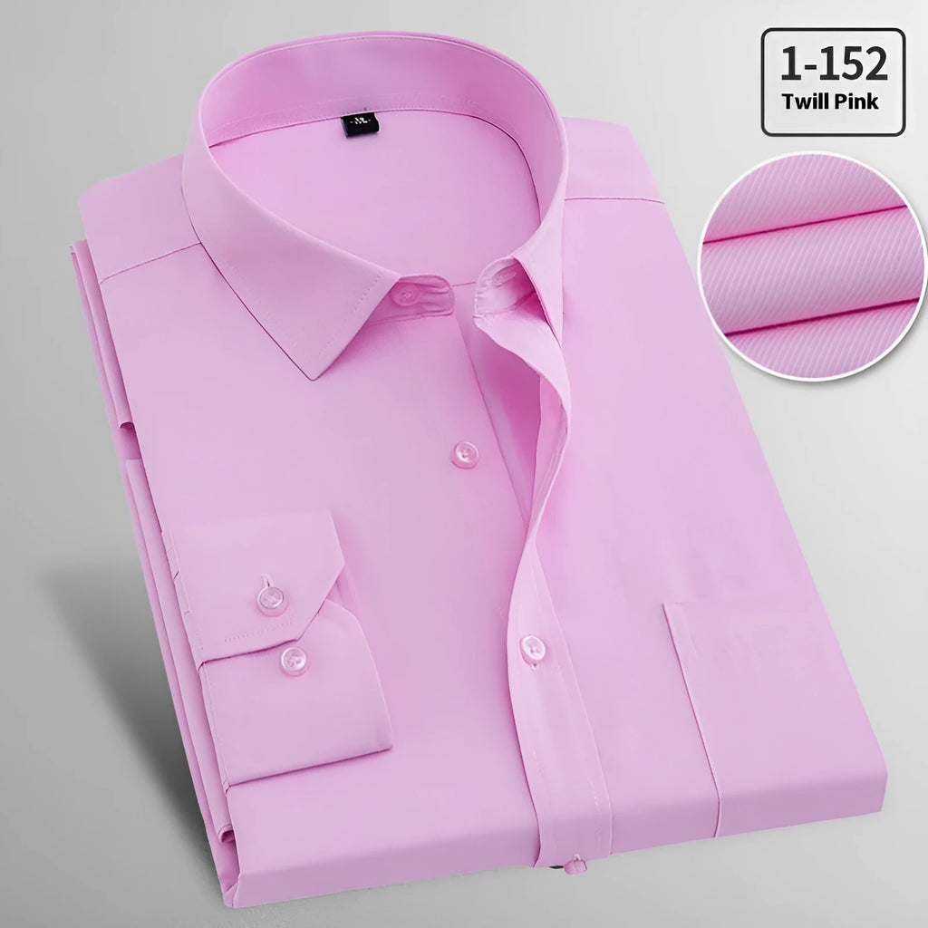 Men's long sleeved flax shirt for business casual wear, shown in pink diagonal and red plain colour options.