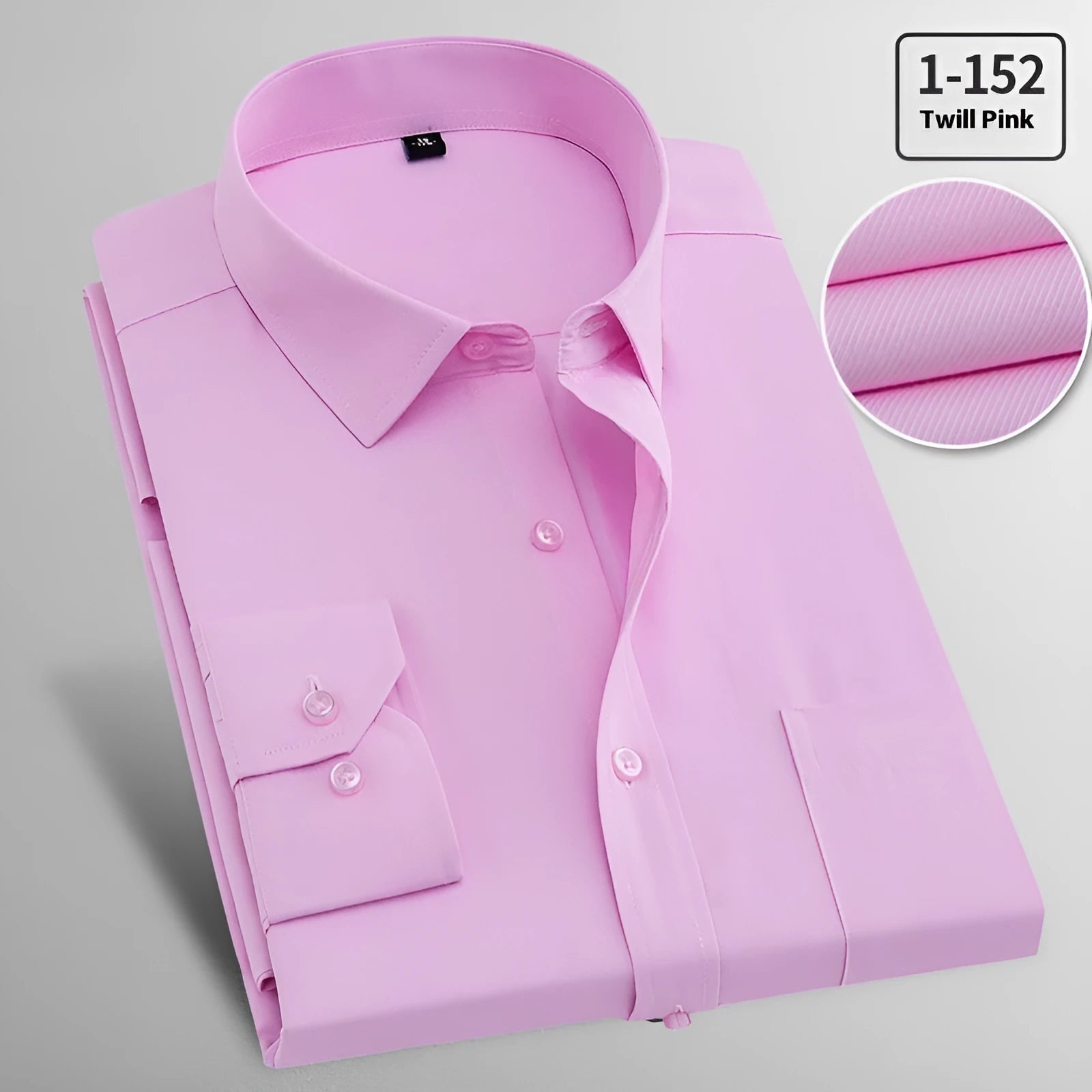 Men's long sleeved flax shirt for business casual wear, shown in pink diagonal and red plain colour options.