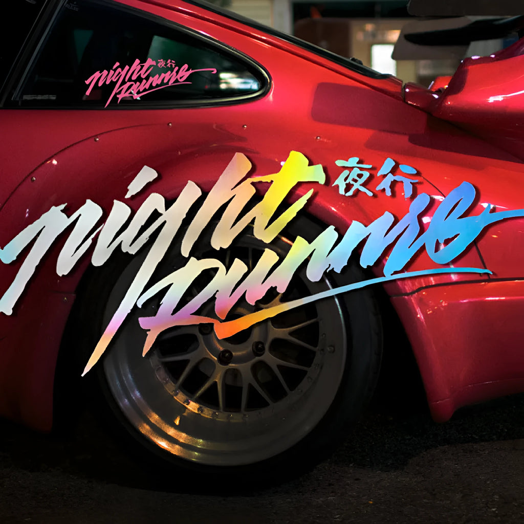 Nightwalker car decal sticker for rear windshield in black, colourful, or pink, showing text and number patterns.