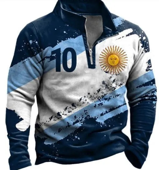 Men's retro colour print casual golf top with zipper decorations and striped pattern on loose-fit long sleeve