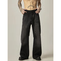 Black loose straight leg jeans with American retro styling and zipper fly front.