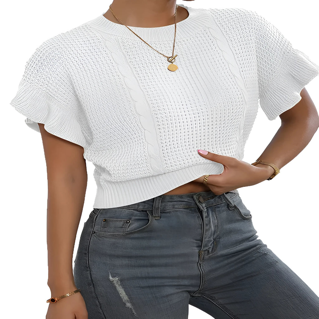 Twisted string pattern knitted sweater with ruffled short sleeves in Japanese Korean style
