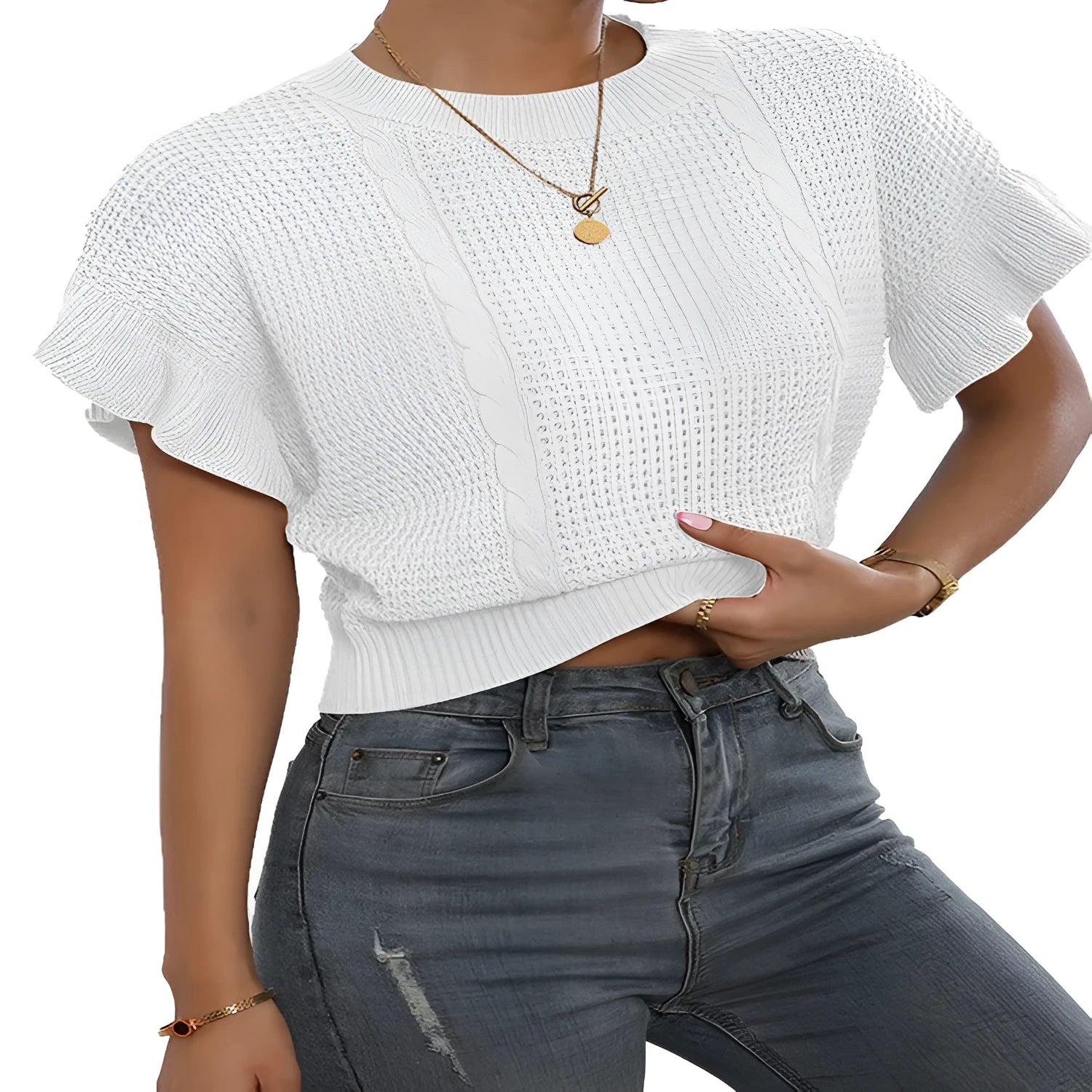 Twisted string pattern knitted sweater with ruffled short sleeves in Japanese Korean style