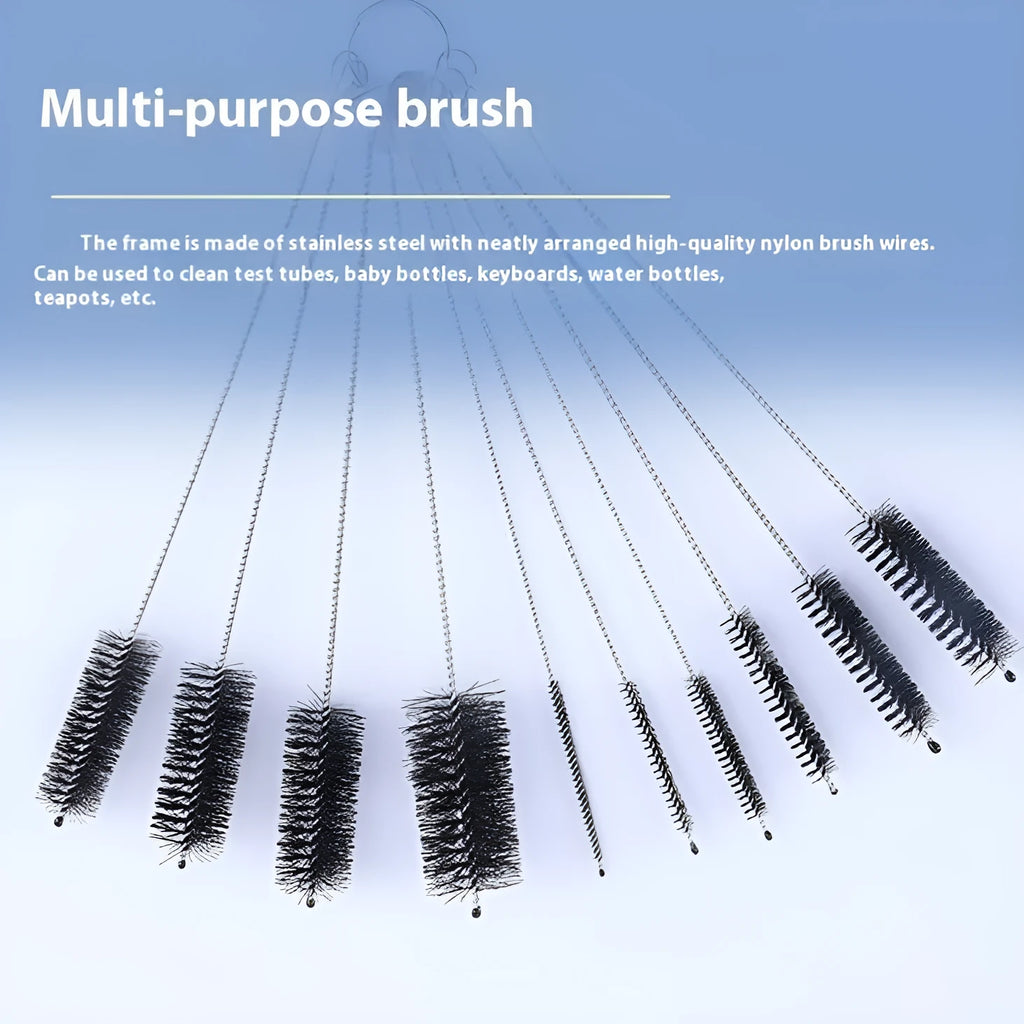 Nylon cleaning brush set with stainless steel handles for straw and bottle cleaning