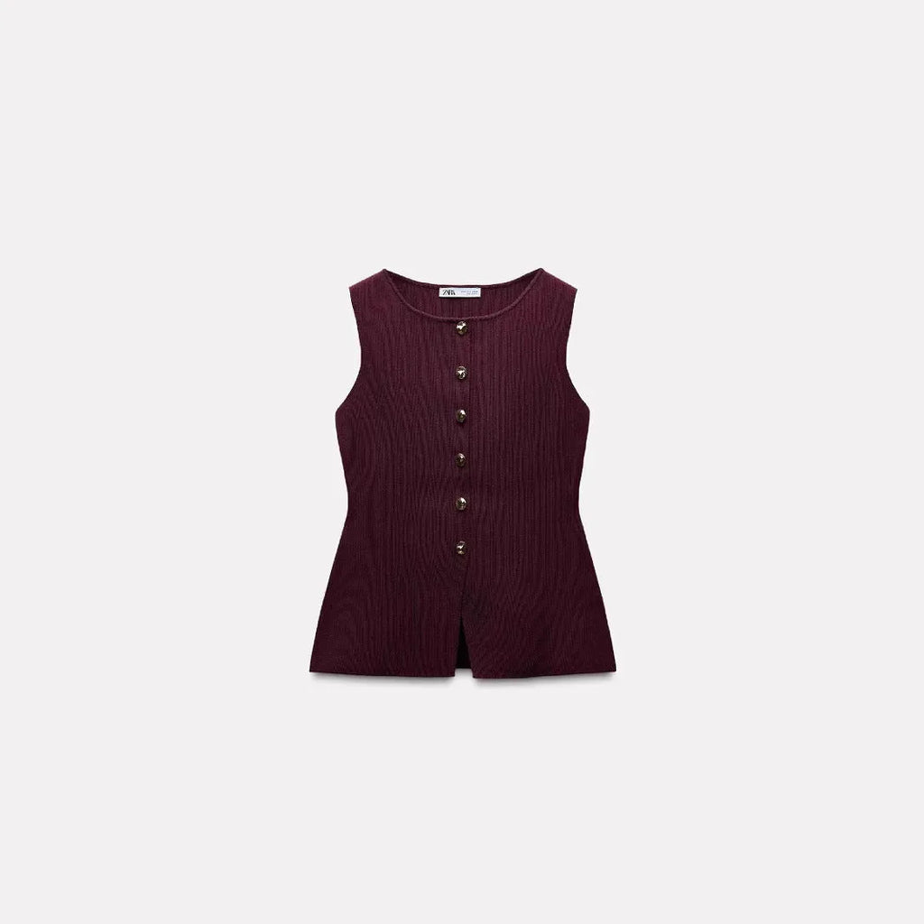 Women's dark red viscose sweater vest cardigan with gold buttons and 3D pattern, slim fit sleeveless design
