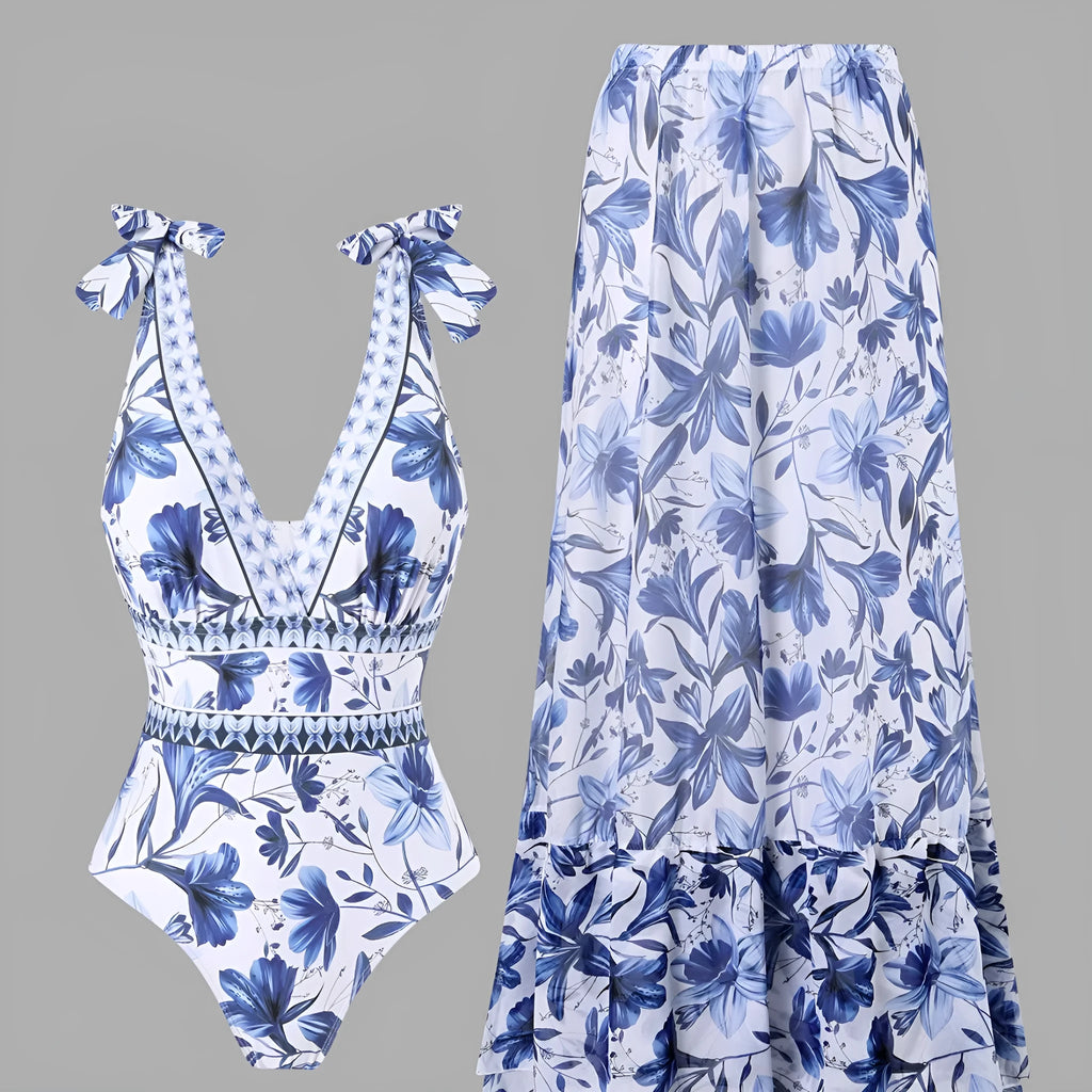 Women's one-piece swimsuit and chiffon dress set with high-waist bikini, solid colour, nylon and polyester, sizes S to XL