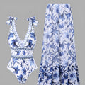 Women's one-piece swimsuit and chiffon dress set with high-waist bikini, solid colour, nylon and polyester, sizes S to XL