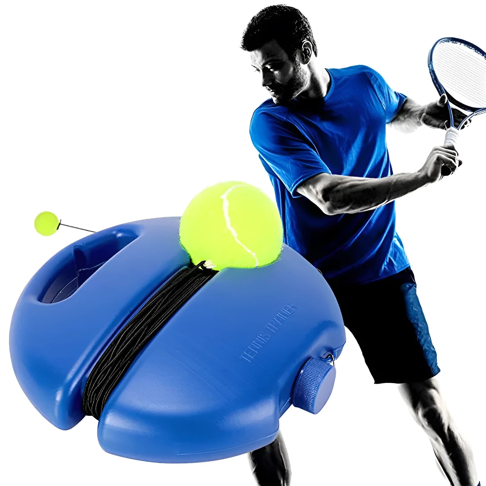 Blue chemical fibre tennis trainer with line on a flat surface