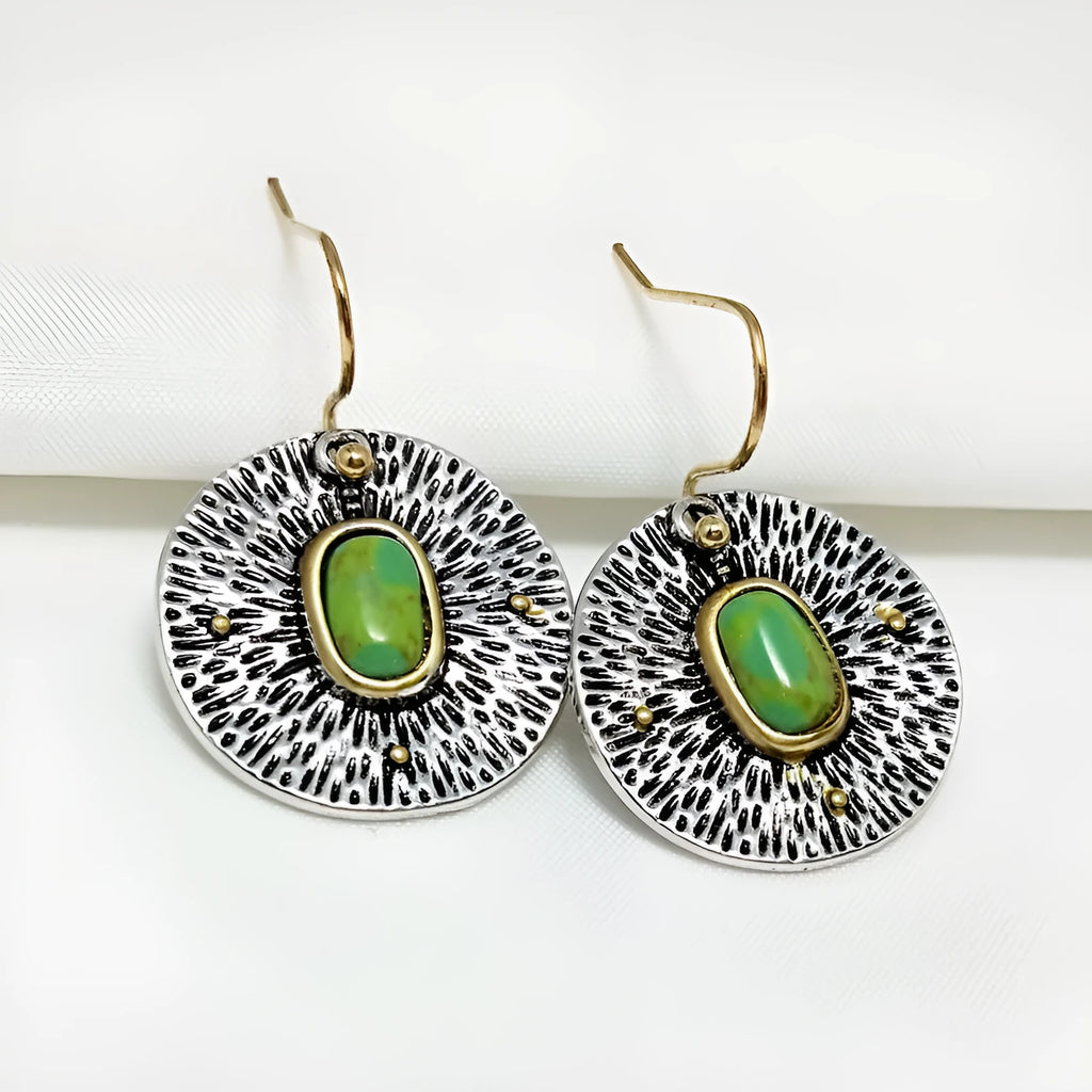 Retro turquoise and antique silver colour separation alloy earrings with electroplated finish