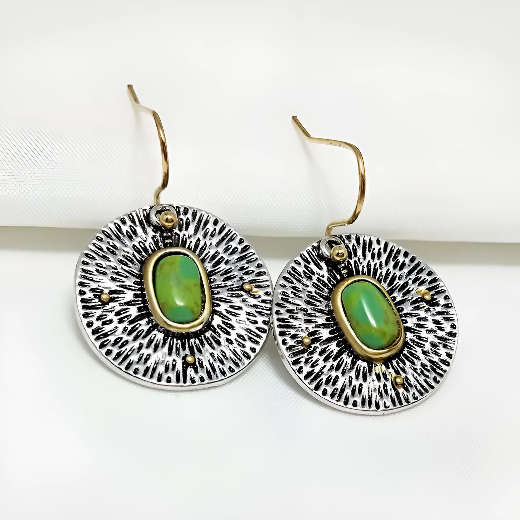 Retro turquoise and antique silver colour separation alloy earrings with electroplated finish