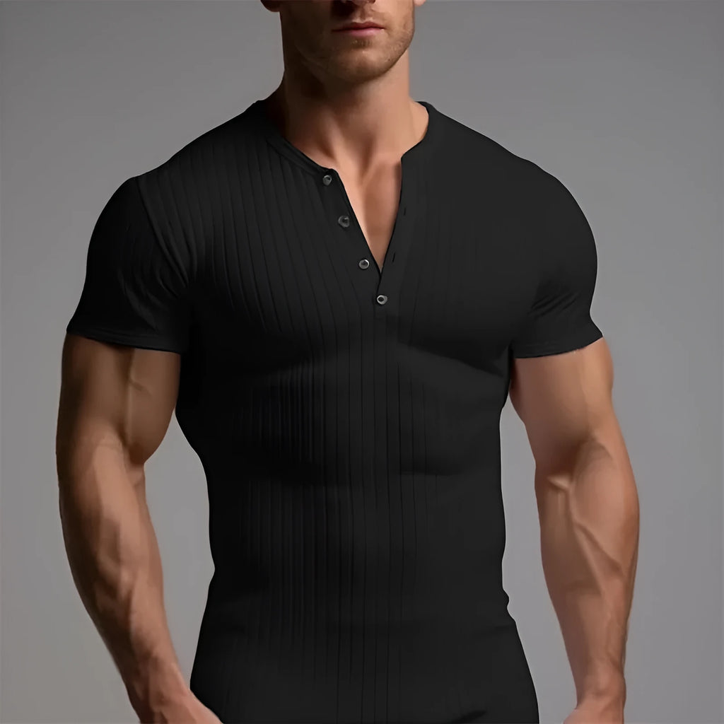 Men's slim-fit muscle T-shirt in polyester fabric showing athletic cut and solid colour options
