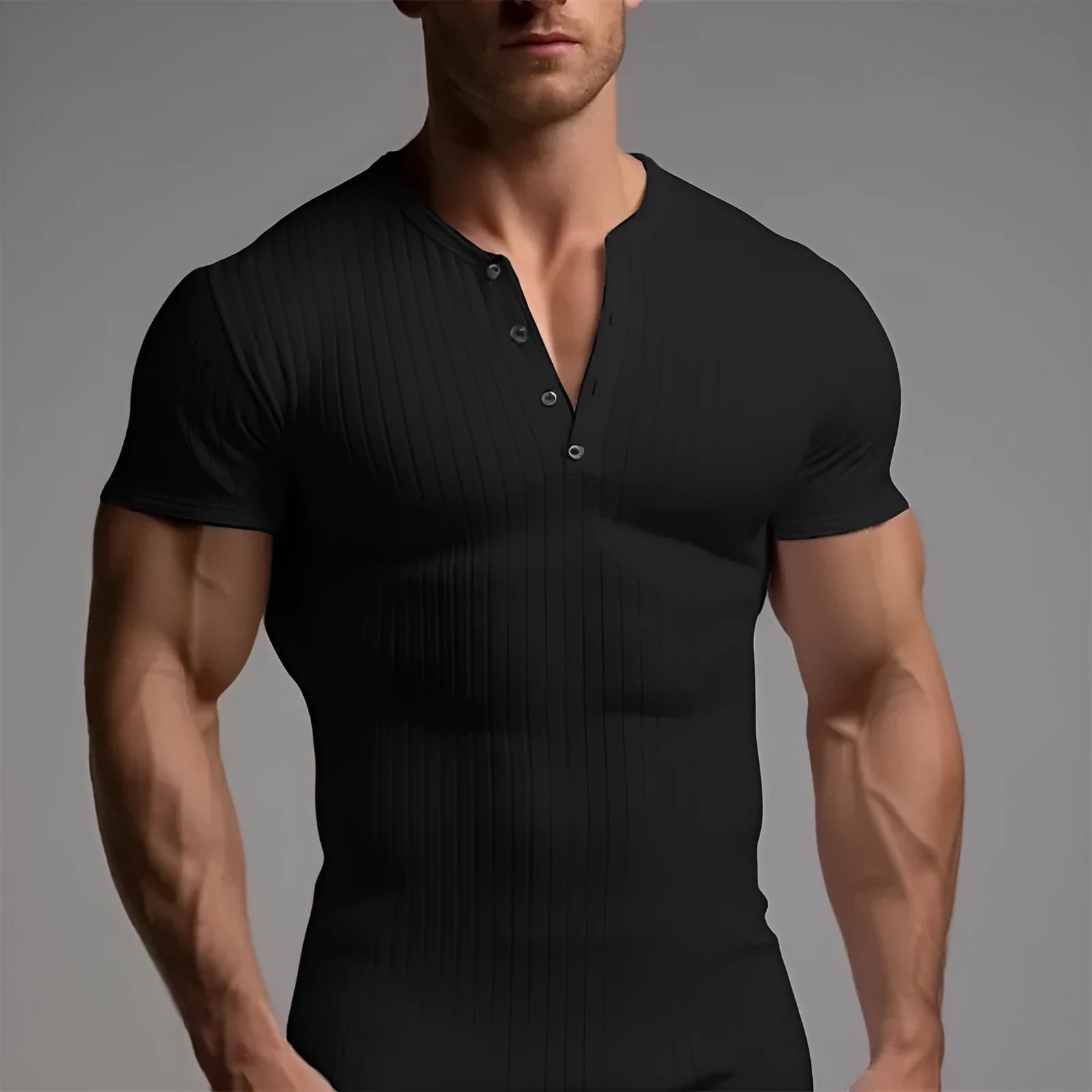 Men's slim-fit muscle T-shirt in polyester fabric showing athletic cut and solid colour options