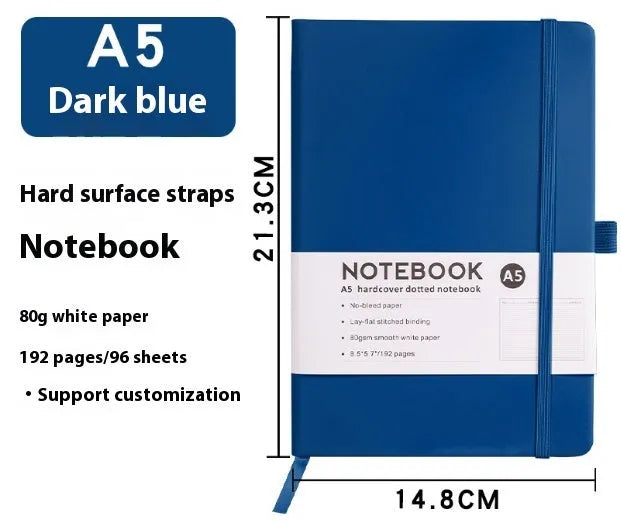 A5 soft touch PU leather notebook open on lined pages, shown in multiple colour options.