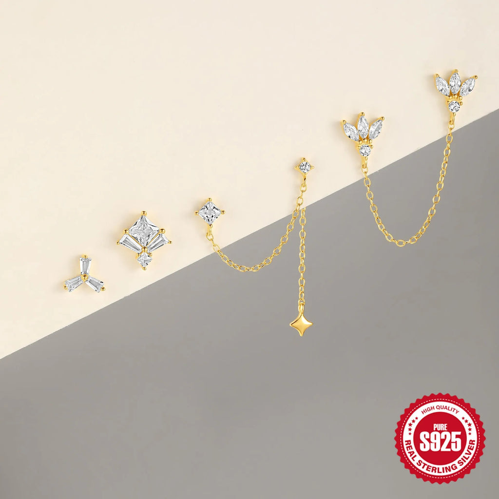 Golden geometric sterling silver earrings with zircon inlay and double piercings design