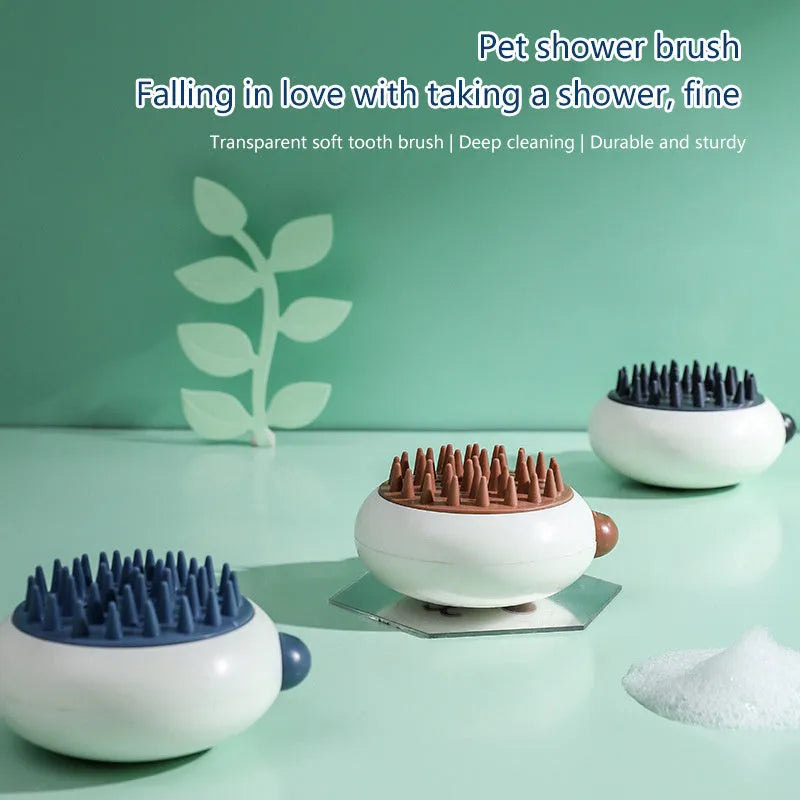 Panda-shaped silicone pet bath brush in blue for washing cats and dogs.