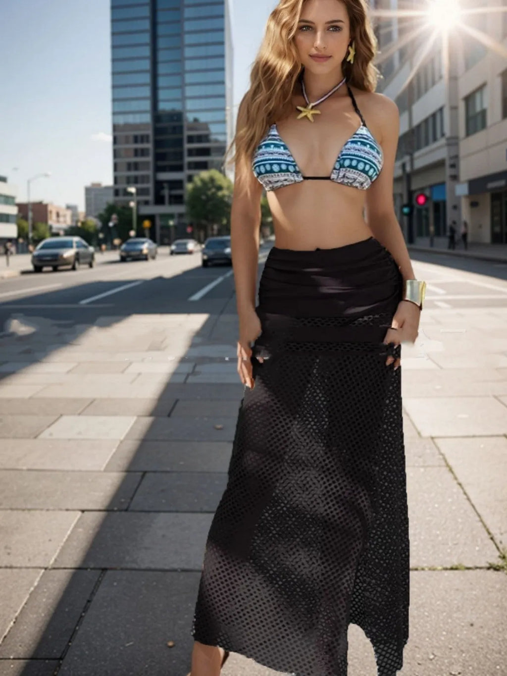 Women's brown three-piece bikini set with fishnet skirt, shown alongside rose pink and black colour options.