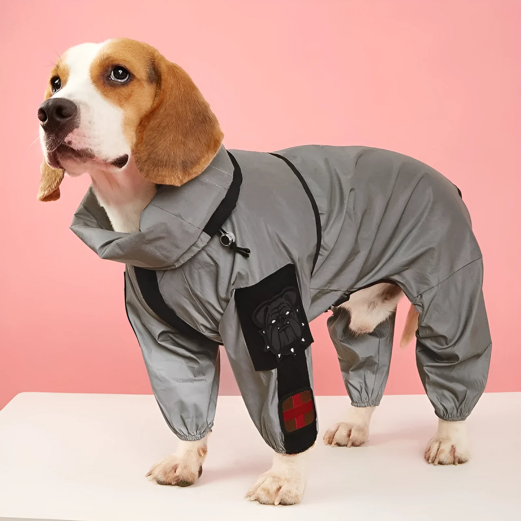 Silver reflective all-inclusive large dog raincoat with waterproof PU coated polyester fabric