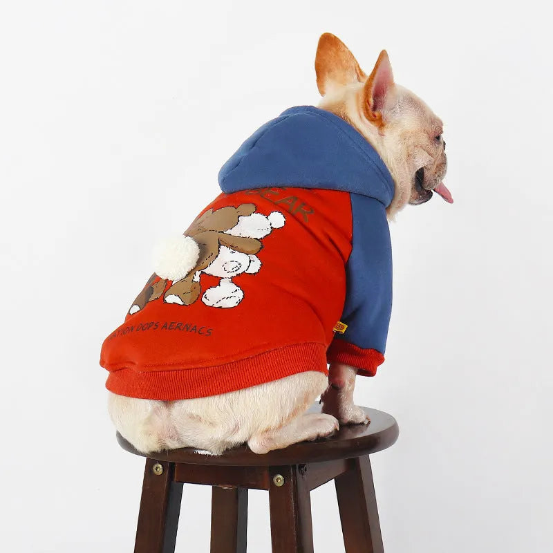 Red cotton dog jumper for small and medium breeds like Teddy, Bichon, and Corgi on a white background.
