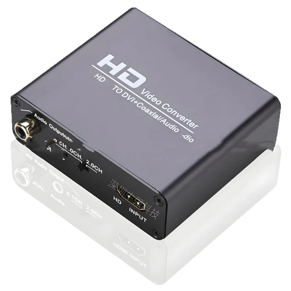 Black HDMI to DVI converter unit with attached cable and coaxial audio output port.