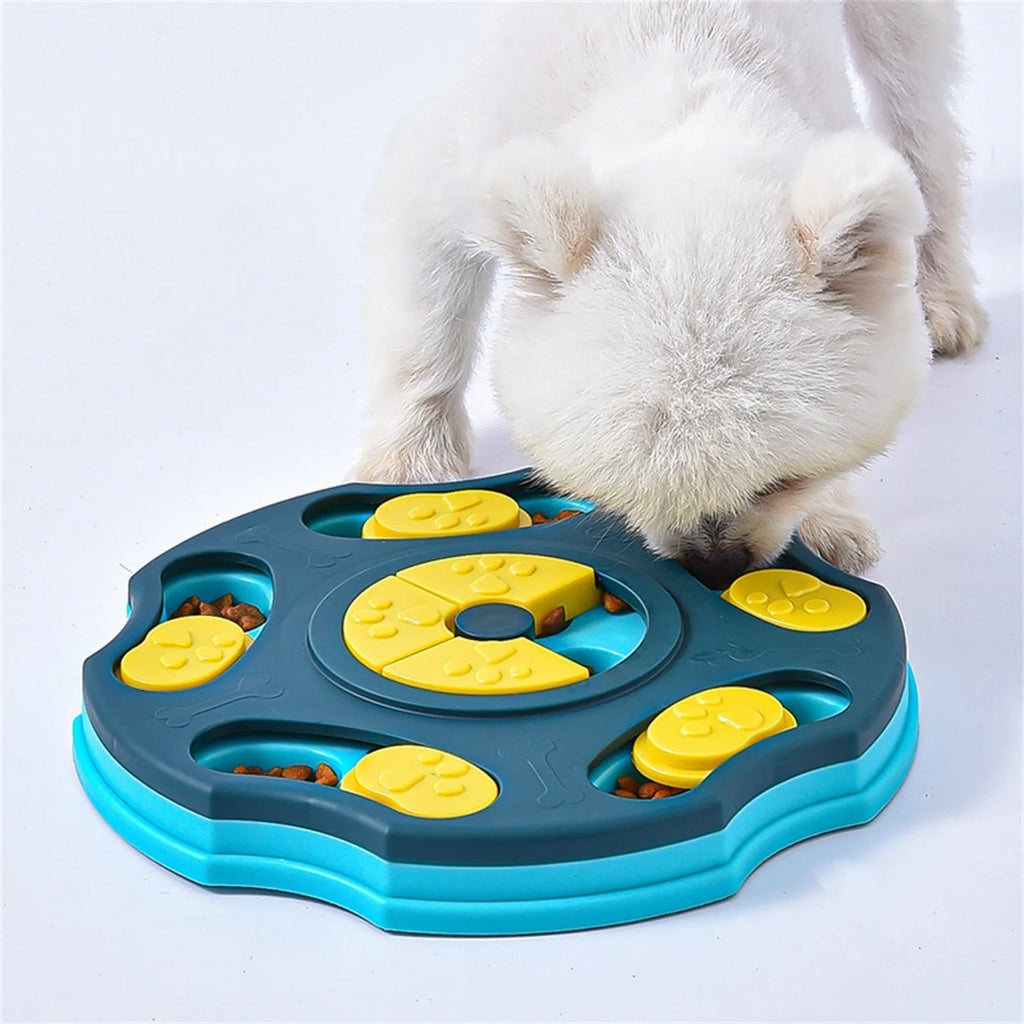 Blue dog puzzle toy food feeder with interactive games for aggressive chewers