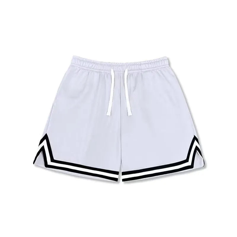 Men's loose fit polyester sports shorts in various colours on a size chart background