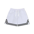 Men's loose fit polyester sports shorts in various colours on a size chart background