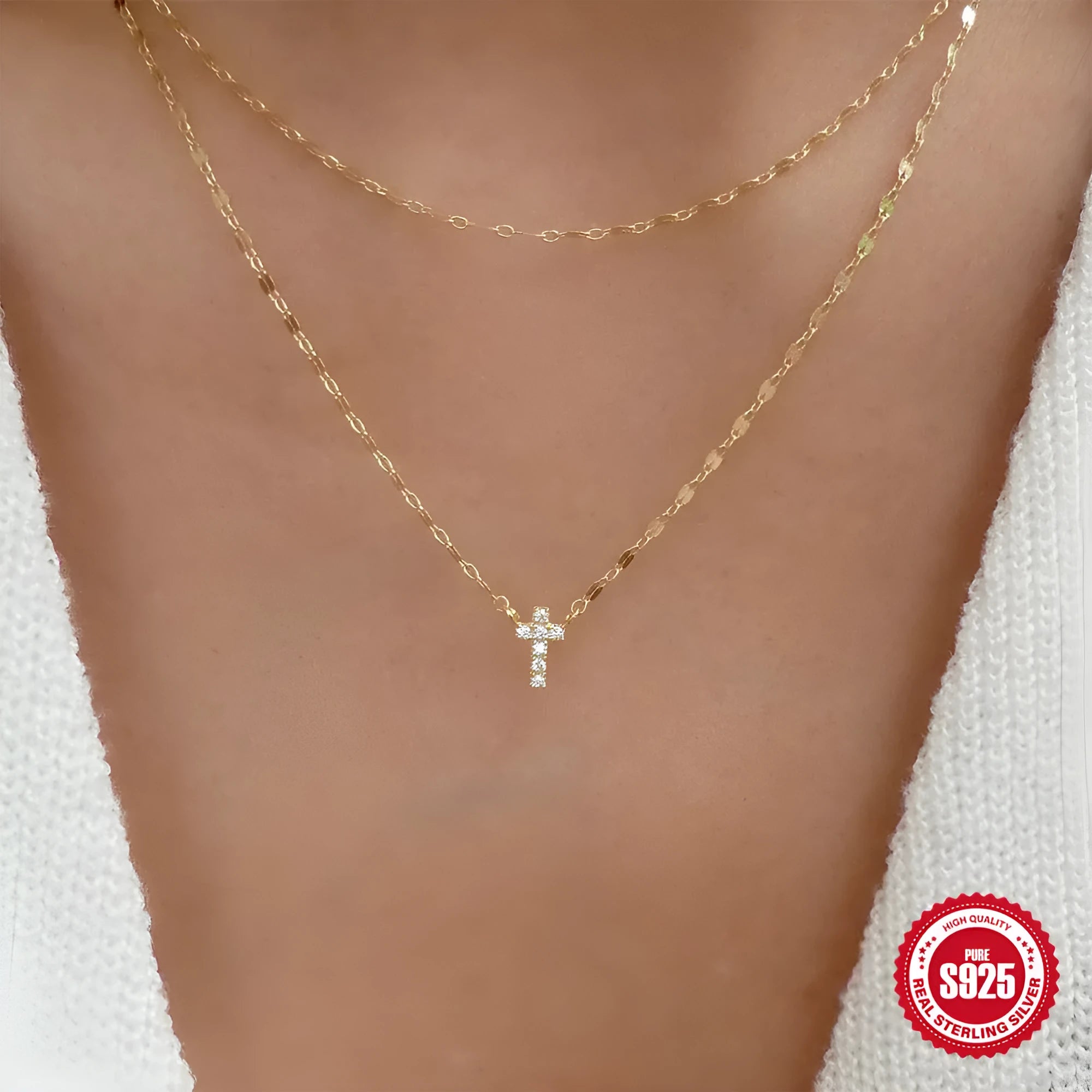 Sterling silver double-layer diamond cross pendant necklace on adjustable clavicle chain
