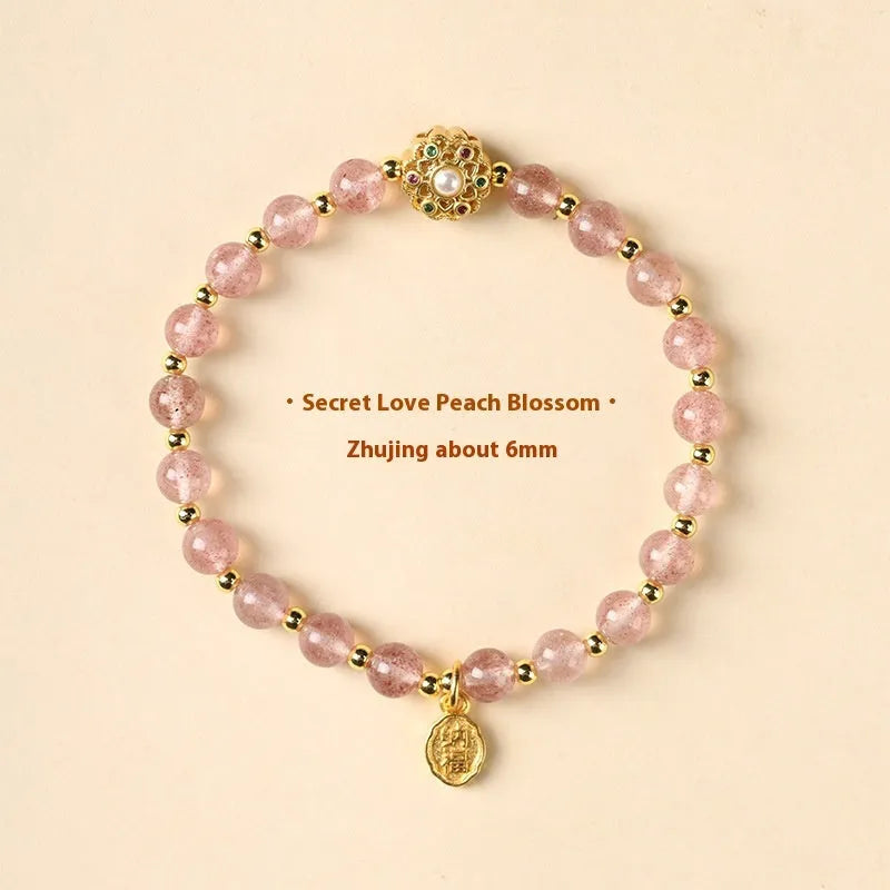 Hand-woven crystal bracelet with gray moonstone, sunstone, and strawberry quartz 6mm beads