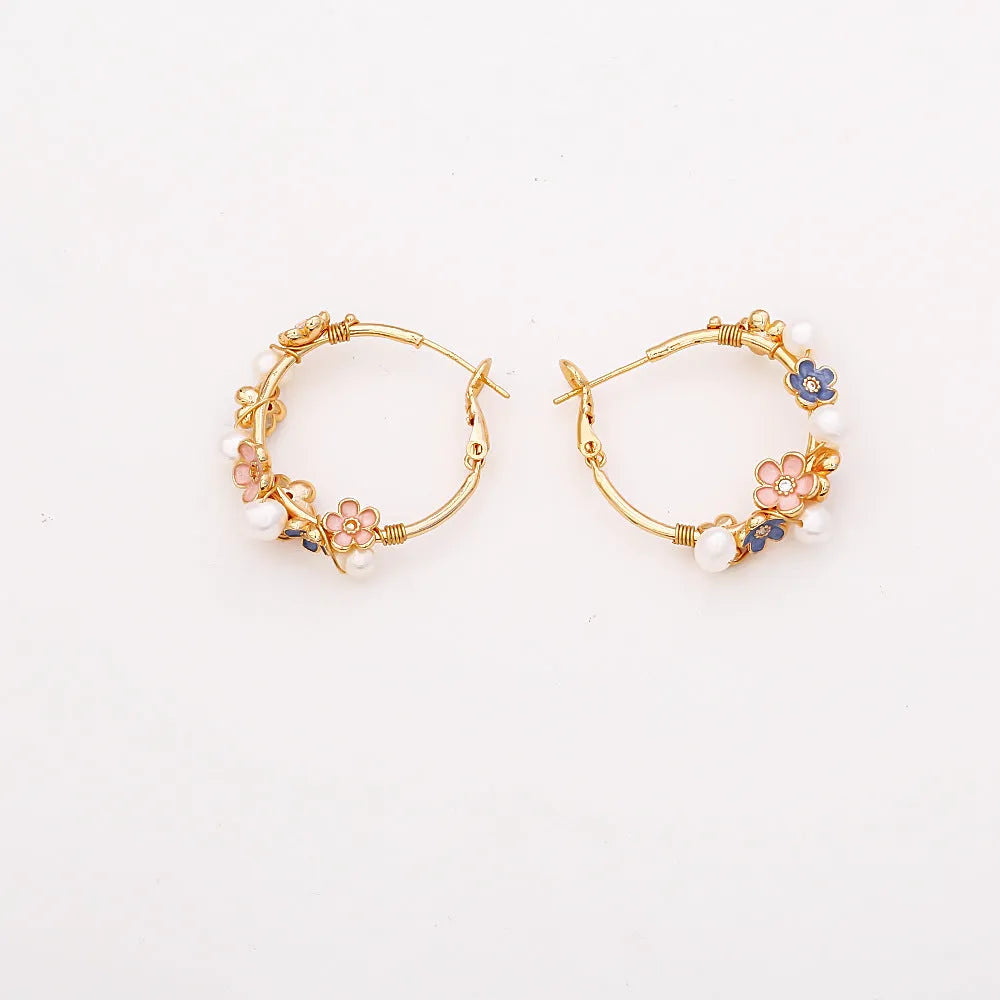 Natural freshwater pearl flower earrings with copper gold plated finish, flower shape, for women