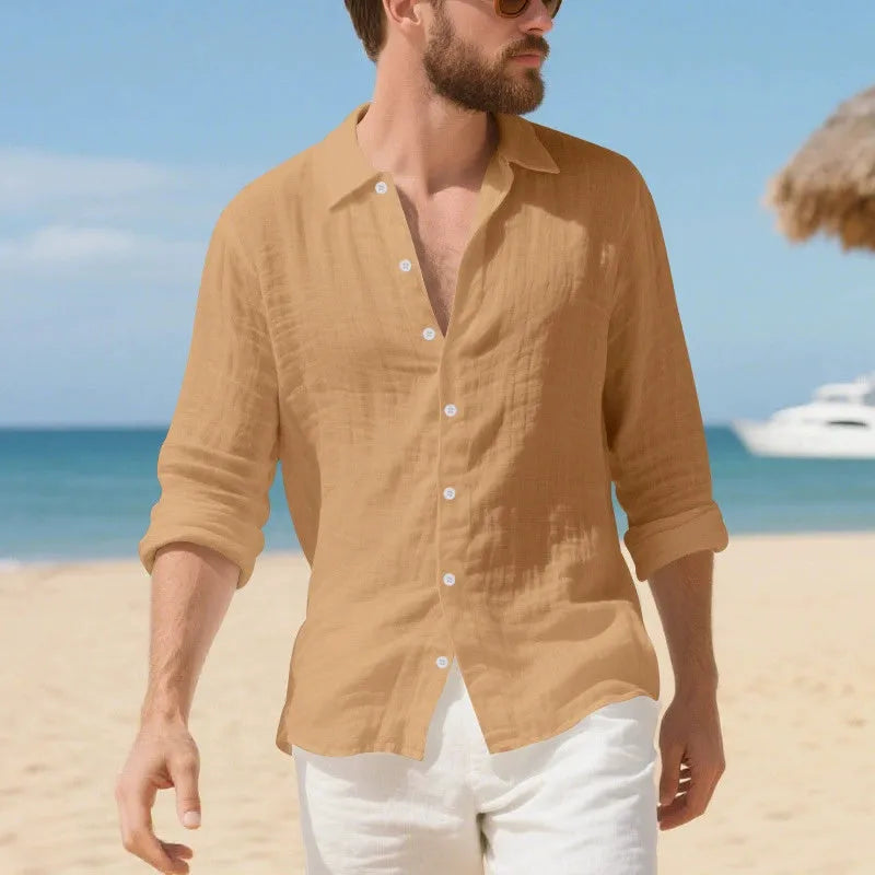 Man wearing a loose-fit linen casual shirt in a light blue colour, showcasing the relaxed style.