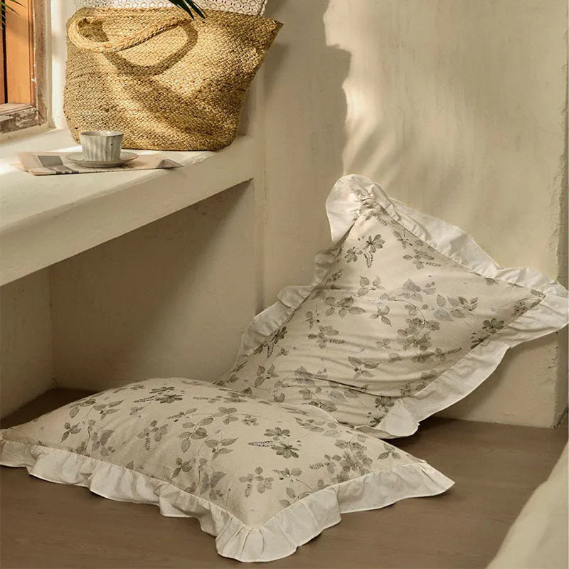 Cotton and linen yarn-dyed four-piece bed set with raw jute colour plants and flowers pattern, includes quilt cover, bed sheet, two pillowcases