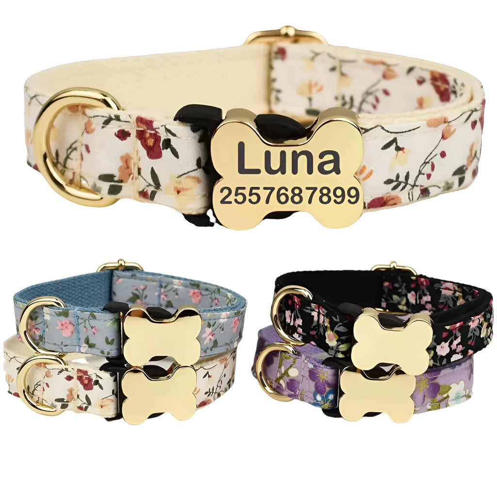 Nylon dog collar with printed grid pattern and a large bone-shaped metal buckle.
