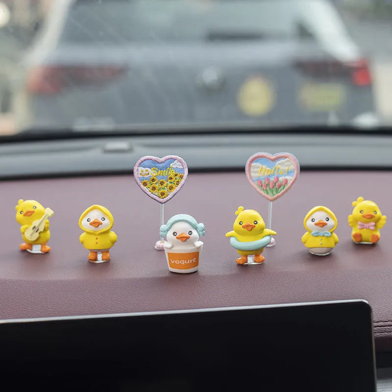 PVC cartoon duckling car decoration set with six small ducks and one welcome sign