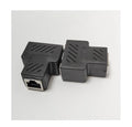 RJ45 network cable splitter tee adapter showing one male plug and two female ports in black plastic housing.