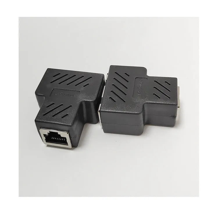 RJ45 network cable splitter tee adapter showing one male plug and two female ports in black plastic housing.